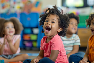 Young students enthusiastically practicing vowel sounds aloud in class, fostering early literacy skills and phonetic awareness.