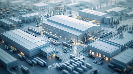 Fototapeta premium A big supply chain with different types of transportation, big warehouses, high office buildings, parcel carriers, in 3d style with white material. Aerial high view. Generative AI.