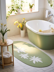 Bathroom with floral patterns in light colors, with a spring atmosphere.