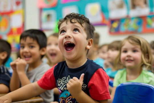 Young students enthusiastically practicing vowel sounds aloud in class, fostering early literacy skills and phonetic awareness.