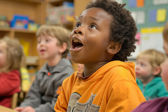 Young students enthusiastically practicing vowel sounds aloud in class, fostering early literacy skills and phonetic awareness.