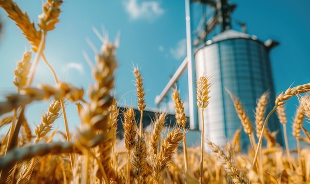 Modern granary and ripe wheat grain elevator photo taken through a wheat field for agriculture and industry on sunny day with blue sky