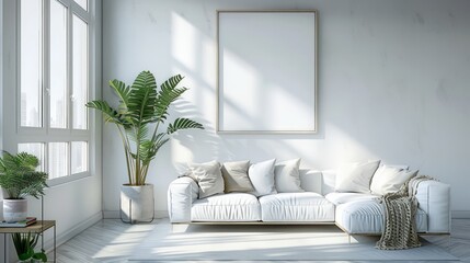 A white couch sits in a room with a large white wall and a window. The couch is surrounded by white pillows and a potted plant. The room has a clean and minimalist design