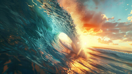 Witness the exhilarating moment of a giant blue ocean wave breaking on a tropical coast at sunrise through an HD camera