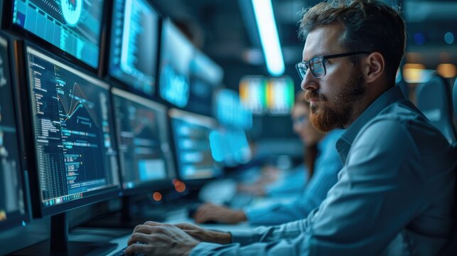 Computer Systems Analyst participating in a team meeting, discussing system integration strategies and proposing solutions for enhancing overall efficiency. Generative AI.