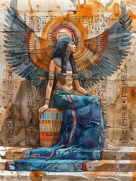 Painting of Egyptian goddess sitting on throne, ancient hieroglyphs