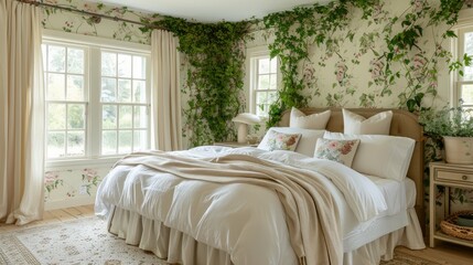 A bedroom with a white bed and a white wall. The room has a lot of greenery, including a potted plant and vines on the wall