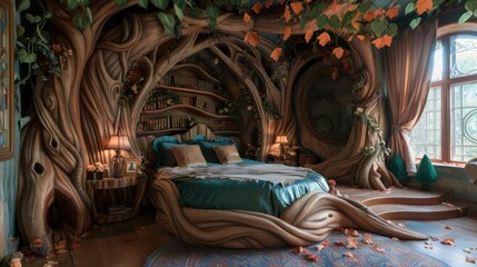 A bedroom with a bed in the middle of a tree trunk. The bed is surrounded by a bookshelf and a lamp. The room has a cozy and whimsical atmosphere