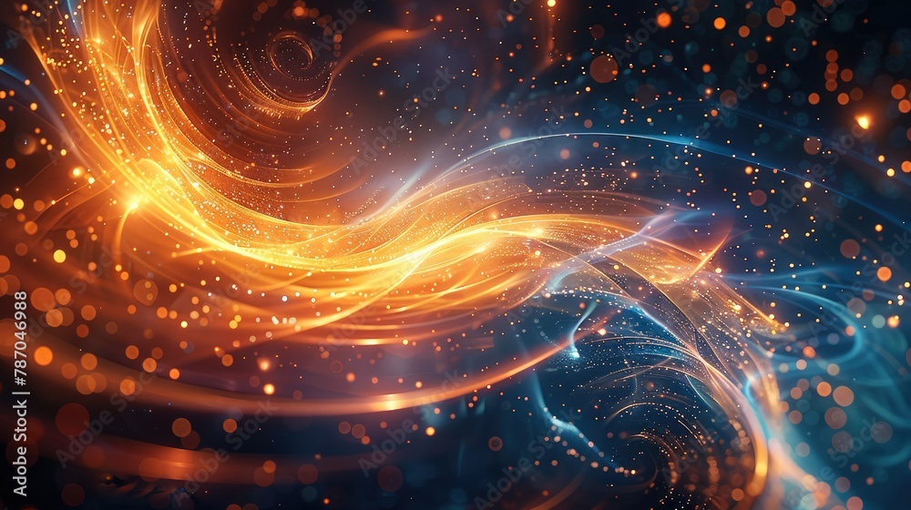 Poster orange and blue background with lines and lights, in the style of swirling vortexes, cry engine. gen