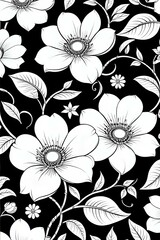 Black and White Floral Pattern with Blooming Flowers and Leaves