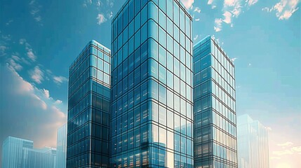 Fototapeta premium Modern office building with glass curtain wall design. Metal cladding, perspective, architectural exterior design. Generative AI.