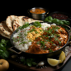 Chicken tikka masala served with rice and naan bread