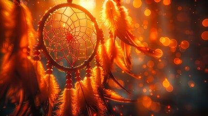 Closeup of an artful dream catcher with feathers hanging from a wooden circle - obrazy, fototapety, plakaty