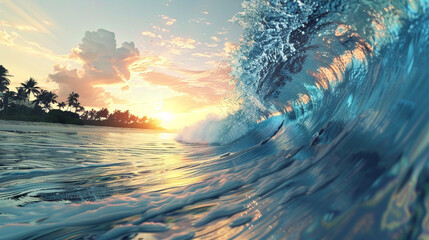 Witness the majesty of a giant blue ocean wave breaking on a tropical coast at sunrise