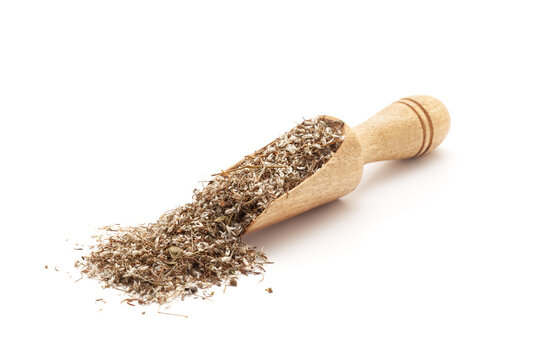 Front view of a wooden scoop filled with Organic Pitpapra or Varatika (Fumaria Indica) herb. Isolated on a white background.