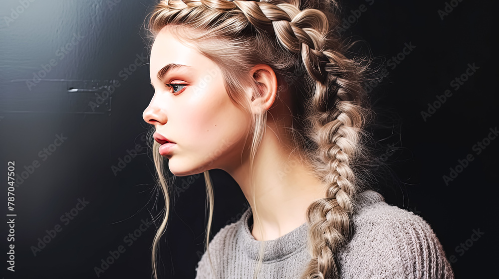 Wall mural a woman with long hair and a gray sweater