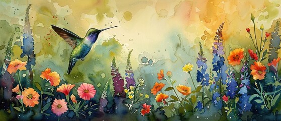 Luminous watercolor scene of a hummingbird flitting through a lush garden of bright flowers, depicting a vibrant, natural tableau