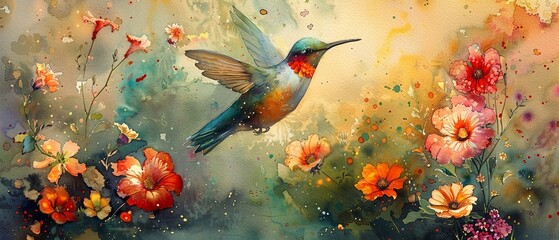 Luminous watercolor scene of a hummingbird flitting through a lush garden of bright flowers, depicting a vibrant, natural tableau