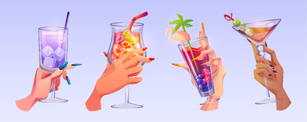 Hold cocktail in hand to drink alcohol for toast vector illustration. People in bar cheer with juice, gin tonic and prosecco celebrate friendship. Different icon with sangria for restaurant design - obrazy, fototapety, plakaty