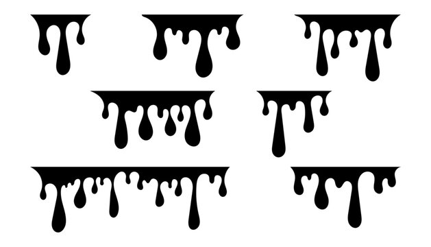 Drop melt liquid Splash of chocolate, oil, blood, water, syrup, candy sauce, caramel. Black splatter Drip paint set Ink stain.  Vector illustration isolated on white background