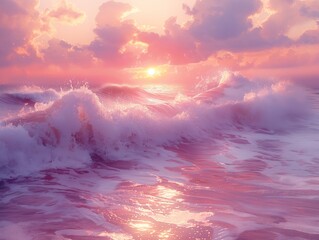 Painting of the sea waves in pink colors
