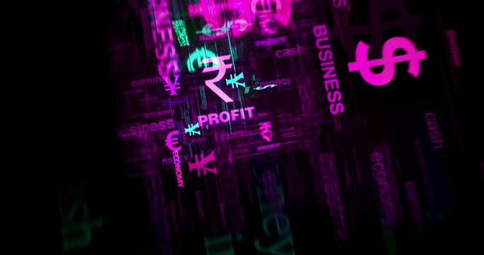 Currency dollar euro yen poud yuan symbol technology loop concept. Abstract sign on glitch screens seamless and looped.