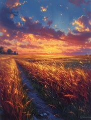 Dark fantasy medieval artwork, grassland plains farmlands, very late evening, magical sunset