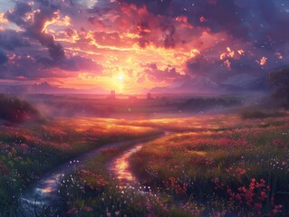 Naklejka premium Dark fantasy medieval artwork, grassland plains farmlands, very late evening, magical sunset