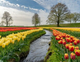Fototapeta premium A field of colorful tulips on the river