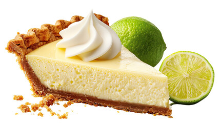 A slice of lemon meringue pie with a lime wedge on the side on transparent background