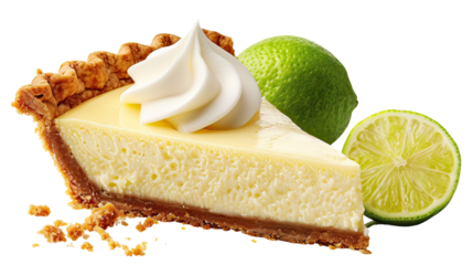 A slice of lemon meringue pie with a lime wedge on the side on transparent background