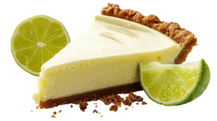 A slice of lemon meringue pie with a lime wedge on the side