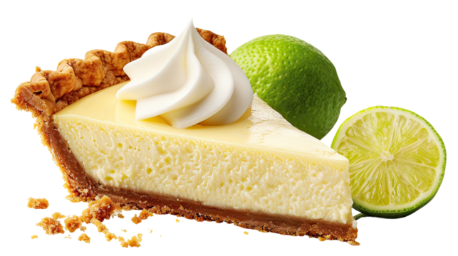 A slice of lemon meringue pie with a lime wedge on the side on transparent background