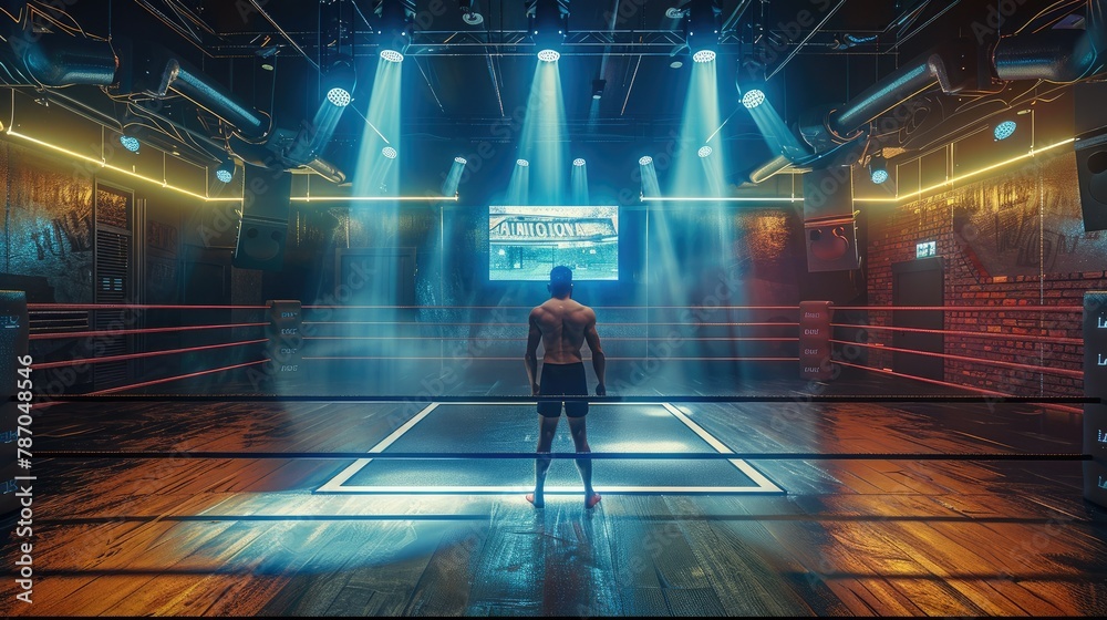 Poster playing in the ring, with led screens, relaxed and casual. generative ai.