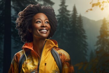 Portrait of a joyful afro-american woman in her 40s wearing a functional windbreaker while standing against backdrop of a mystical forest