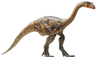 A large dinosaur is walking across a white background on transparent background