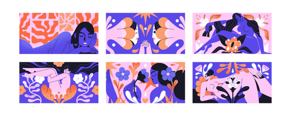 Matisse art set. Contemporary artworks with naked woman, abstract flowers, leaves, floral shapes. Colorful plants and female silhouettes on banner, horizontal postcards. Flat vector illustrations