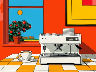 Illustration of a vintage filter coffee machine on a checkered board orange and white table