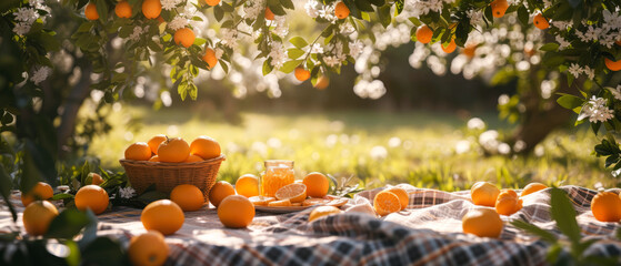 Picnic at blooming oranges or tangerine garden. Cute Wicker basket with citrus fruits,meal, beverage, tablecloth on the grass. Outdoors rest. Vacation on the nature. Generative ai - obrazy, fototapety, plakaty