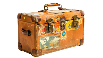 A brown suitcase with a lot of stickers on it on transparent background
