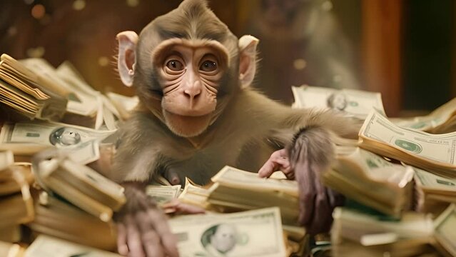 Baby Monkey Surrounded by Stacks of Money with Ai generated.
 