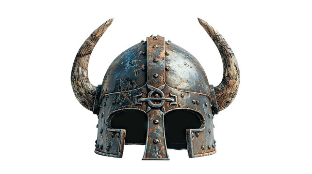 A Viking helmet with horns and a symbol on the front on transparent background