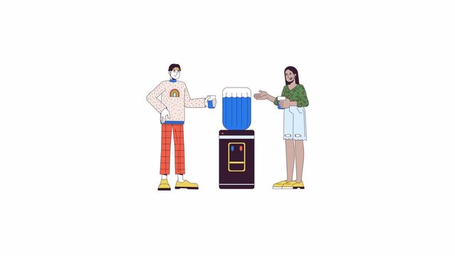Coworkers water cooler chat line 2D characters animation. Informal communication flat color cartoon 4K video, alpha channel. Colleagues drinking and talking animated people on white background