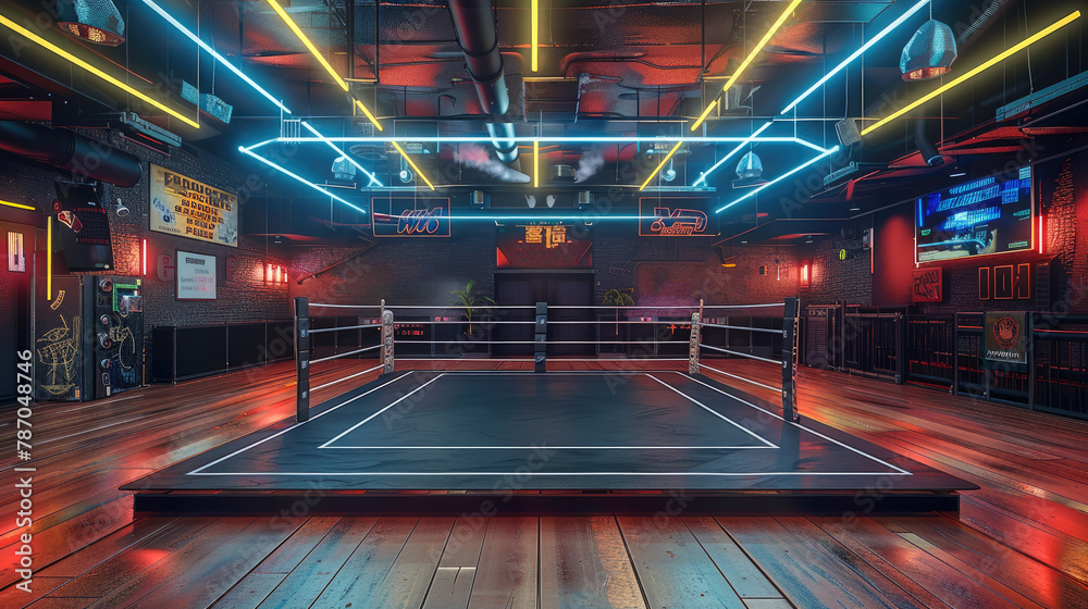 Poster playing in the ring, with led screens, relaxed and casual. generative ai.