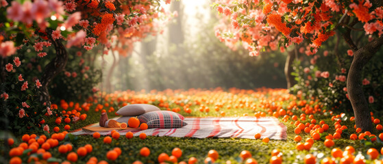 Picnic at blooming oranges or tangerine garden. Cute Wicker basket with citrus fruits,meal, beverage, tablecloth on the grass. Outdoors rest. Vacation on the nature. Generative ai - obrazy, fototapety, plakaty