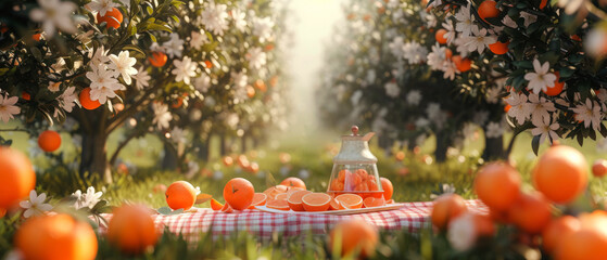 Picnic at blooming oranges or tangerine garden. Cute tablecloth on the grass. Outdoors rest. Vacation on the nature. Generative ai