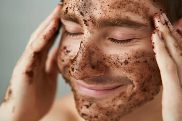 Close-up of a smiling man as he exfoliates his skin with a natural coffee scrub