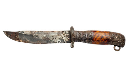 A knife with a wooden handle and a metal blade on transparent background