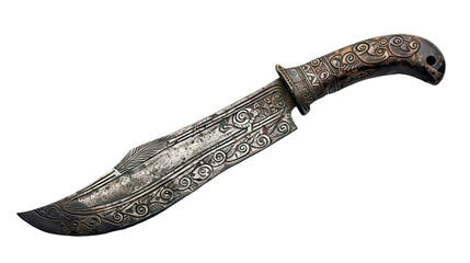 A very old looking knife with a black handle and a silver blade on transparent background
