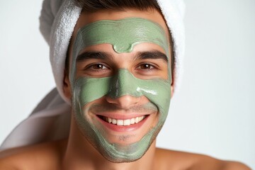 Cheerful young man with a towel on his head applying a green tea extract facial mask for skincare routine